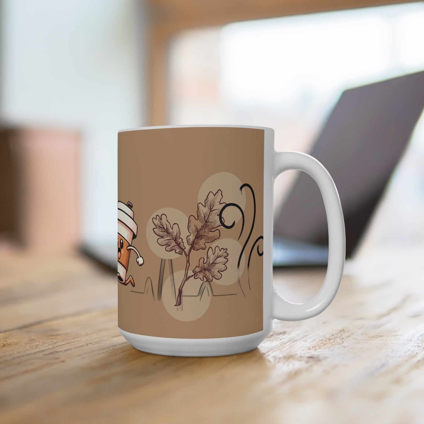 15oz Coffee Mug — Cute Running Coffee Cup Fall Design (Autumn Leaves)