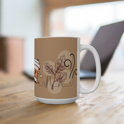 15oz Coffee Mug — Cute Running Coffee Cup Fall Design (Autumn Leaves)
