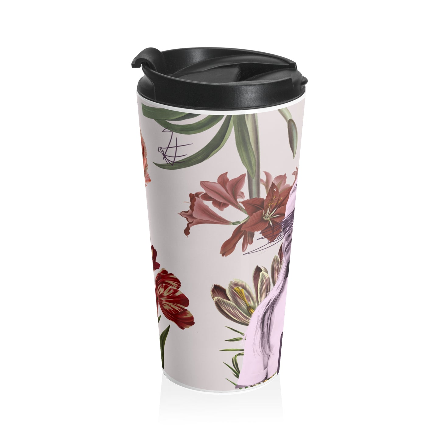 Floral Collage Travel Mug — Vintage Woman Portrait Stainless Steel Tumbler