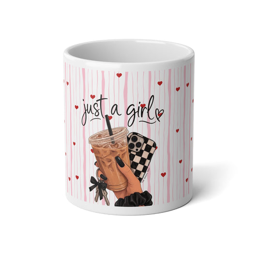 20oz Jumbo Mug - "Just a Girl" Iced Coffee Design with Hearts