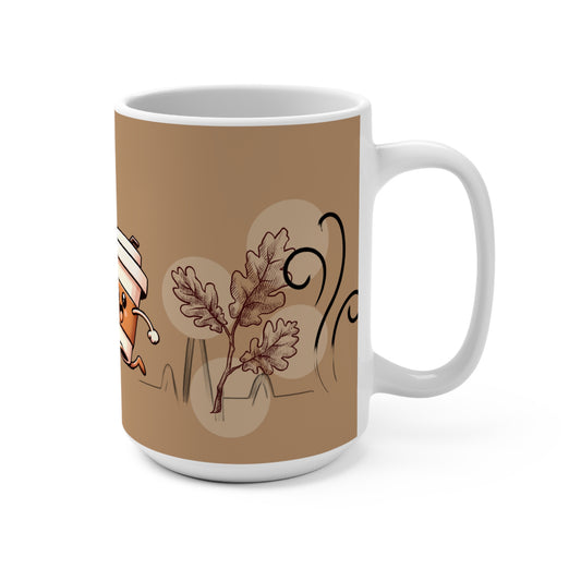 15oz Coffee Mug — Cute Running Coffee Cup Fall Design (Autumn Leaves)