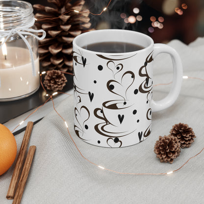 Coffee Cup Pattern 11oz Ceramic Mug — Heart Steam Coffee Design