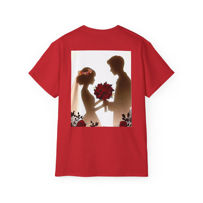 Wedding Couple Graphic Tee — Romantic Proposal & Bride-Groom Silhouette Shirt