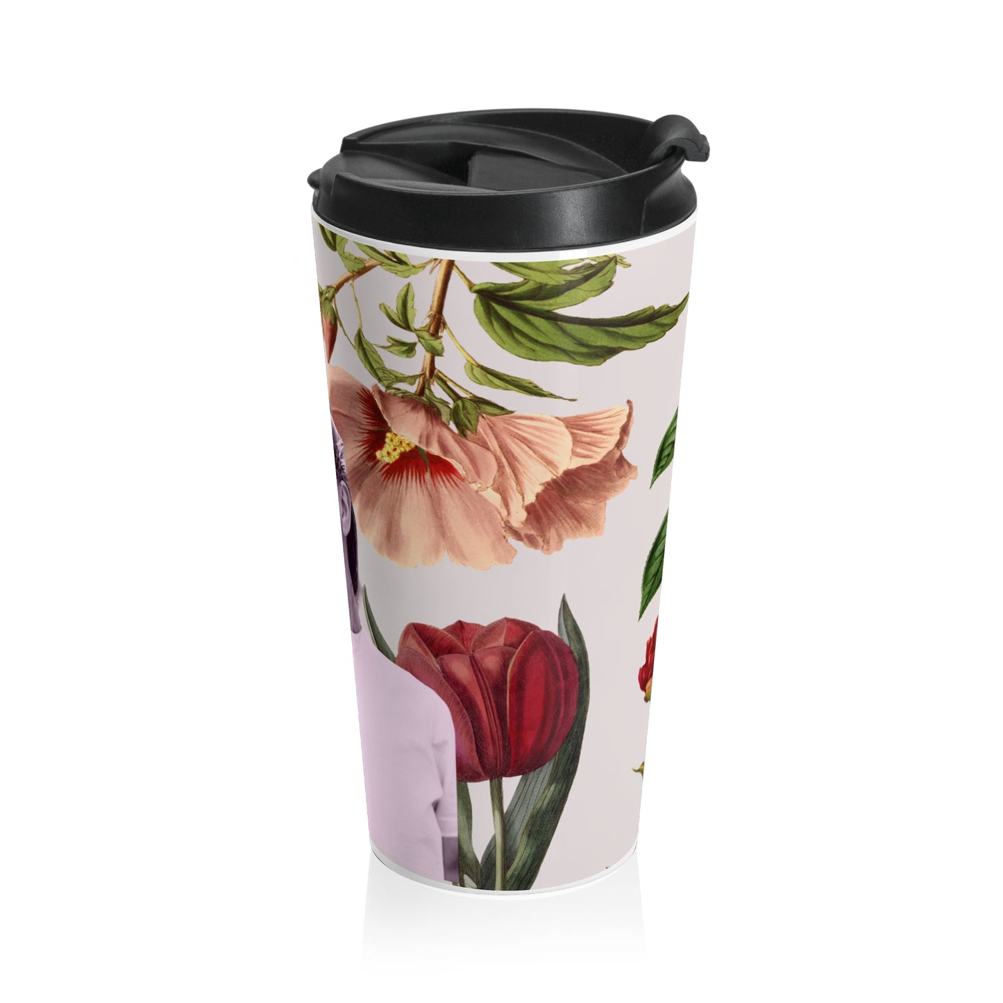 Floral Collage Travel Mug — Vintage Woman Portrait Stainless Steel Tumbler