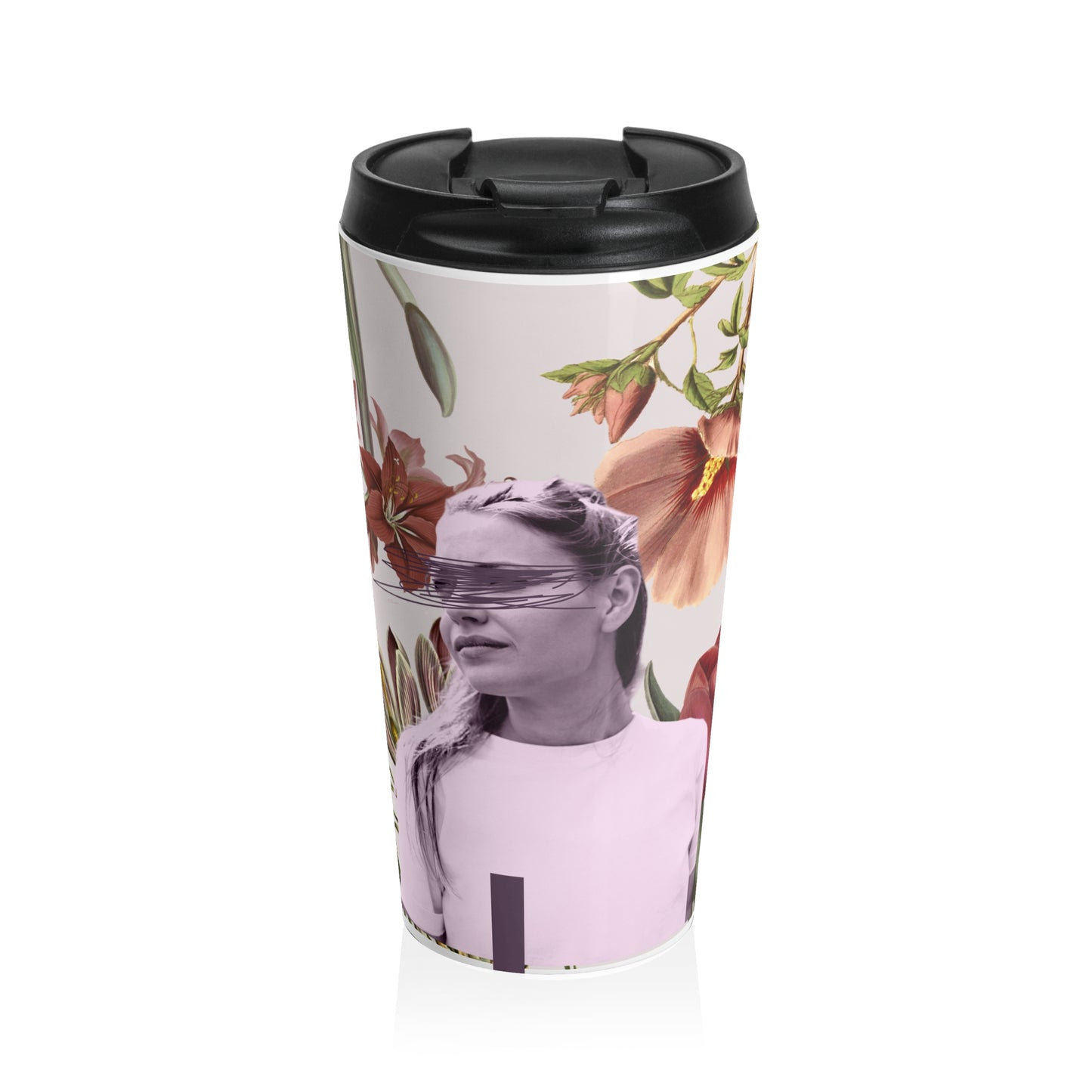 Floral Collage Travel Mug — Vintage Woman Portrait Stainless Steel Tumbler